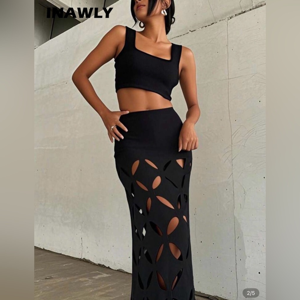 Matching Set INAWLY Women's Fashion Casual Sexy Romantic Hollow 2 Pieces Set